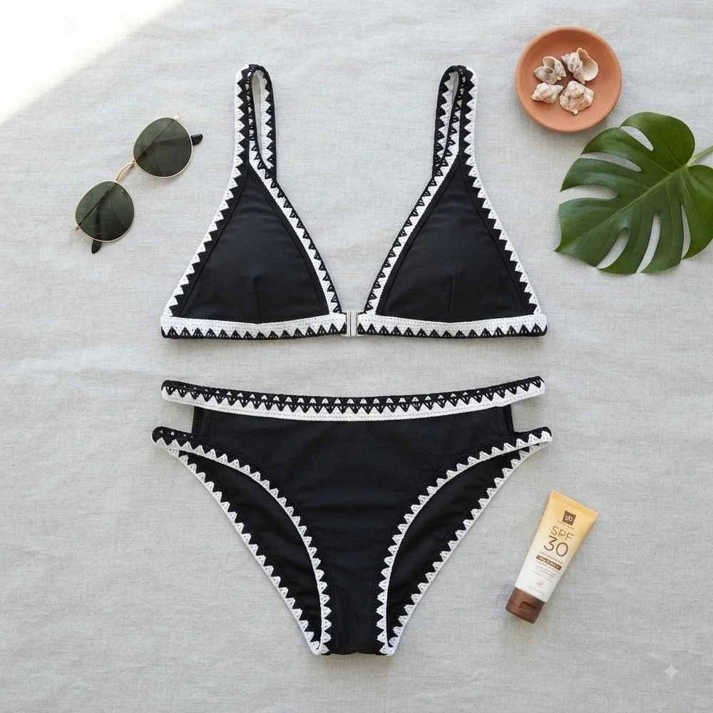 Cupshe Bikini Women Large Black White Embroidered Trim Two Piece Swimsuit Beach